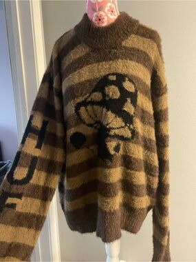 HUF Brown and Tan Striped Fuzzy Mushroom Sweater